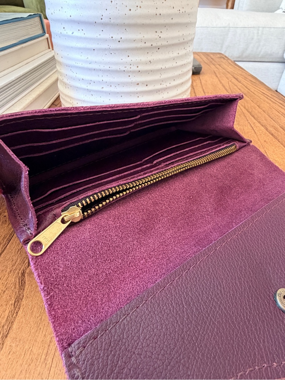 Portland Leather Goods Bozeman Wallet Plum Leather 12 Card Slots Gold Hardware - Picture 2 of 6